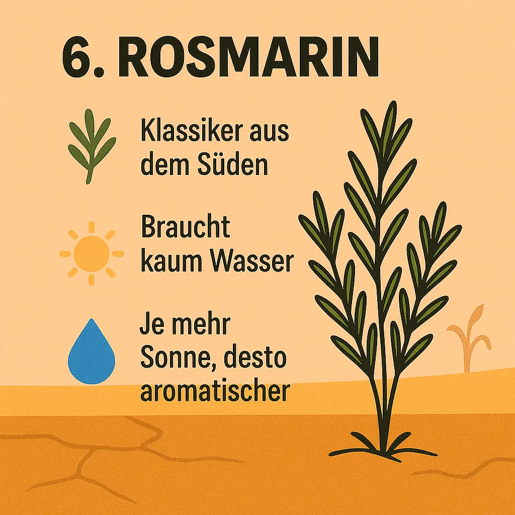 Illustration eines Rosmarinstauds mit Symbolen für Sonne und Tropfen.