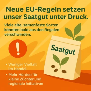 Saatguttüte mit Pflanze und Warnzeichen – neue EU-Regeln bedrohen samenfeste Sorten.