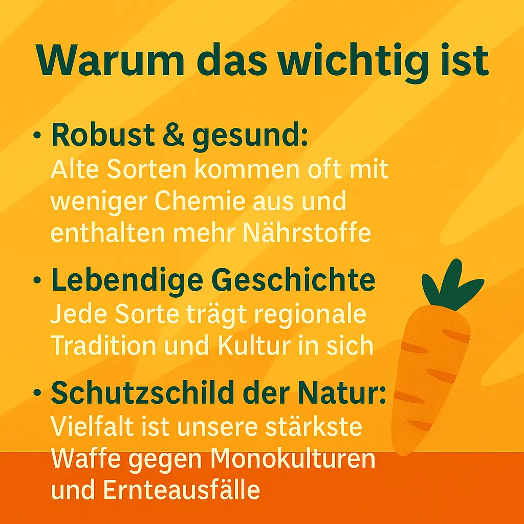 Karotte mit Text über die Bedeutung alter samenfester Sorten und Pflanzenvielfalt.