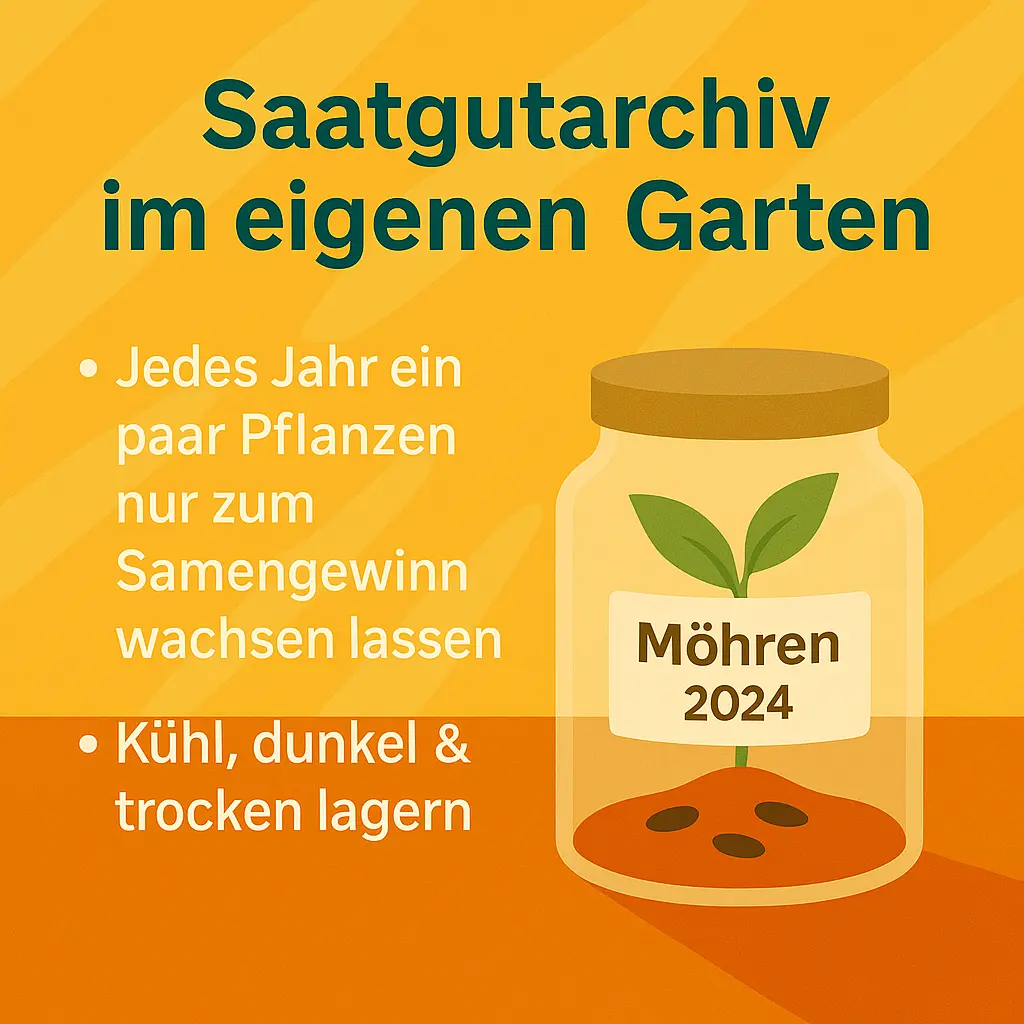 Saatgutglas im Garten mit Möhrensamen – eigenes Saatgutarchiv anlegen.