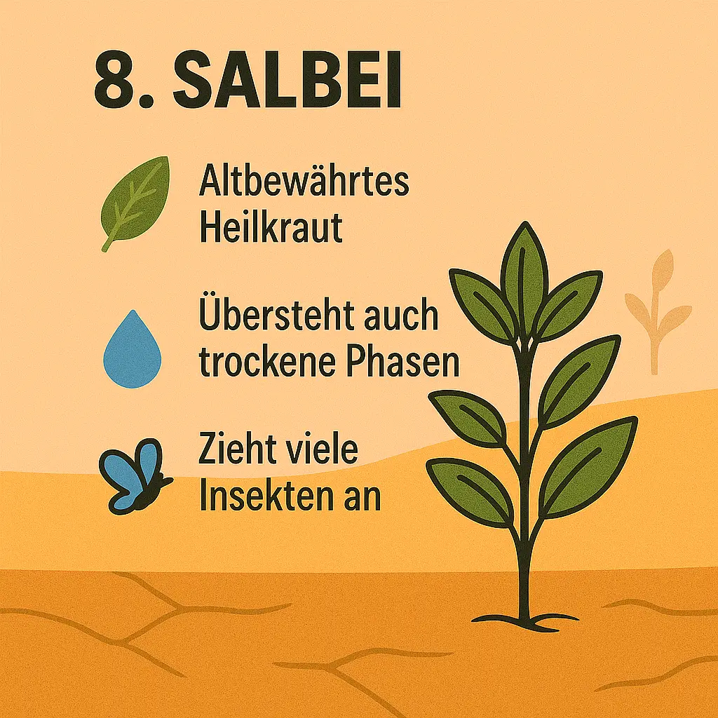 Illustration eines Salbeistrauchs mit Symbolen für Blatt, Wasser und Schmetterling.