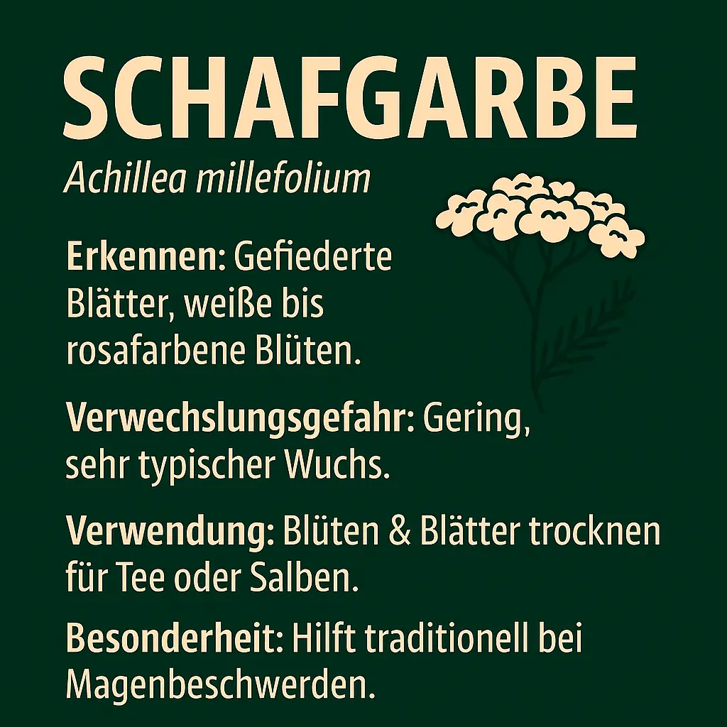 Schafgarbe mit feinen, gefiederten Blättern und weißen Blütendolden – sommerliches Wildkraut.