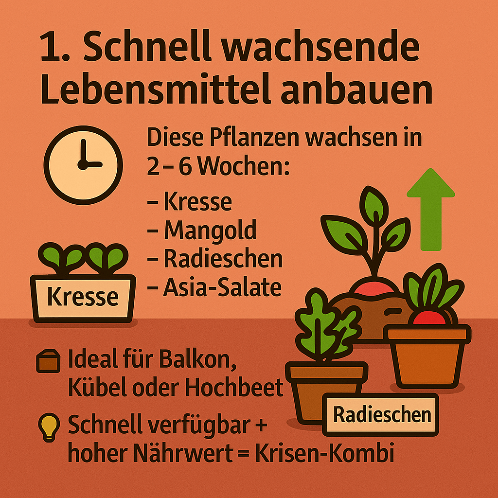 Illustration von Kresse, Radieschen und Asia-Salaten – schnell wachsende Gemüsepflanzen für Selbstversorger