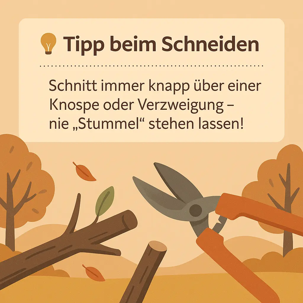 Gartenschere schneidet Ast knapp über einer Knospe.