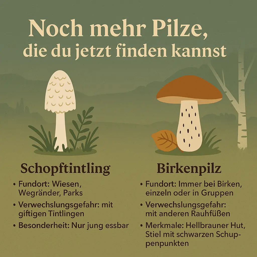 Schopftintling und Birkenpilz im Wald – typische essbare Pilze im Herbst.