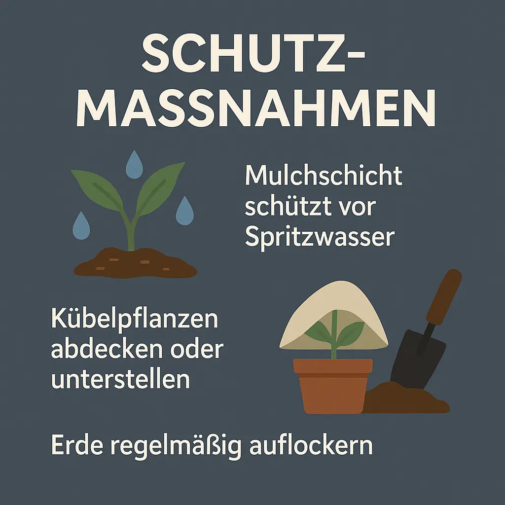 Pflanzen im Garten mit Mulch, Abdeckung und gelockerter Erde – wirksame Schutzmaßnahmen gegen Dauerregen.