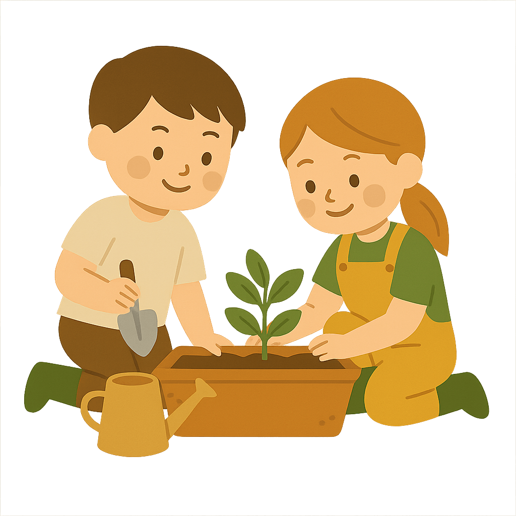 Zwei Kinder pflanzen gemeinsam Setzlinge – Symbol für kindgerechte Selbstversorgung.