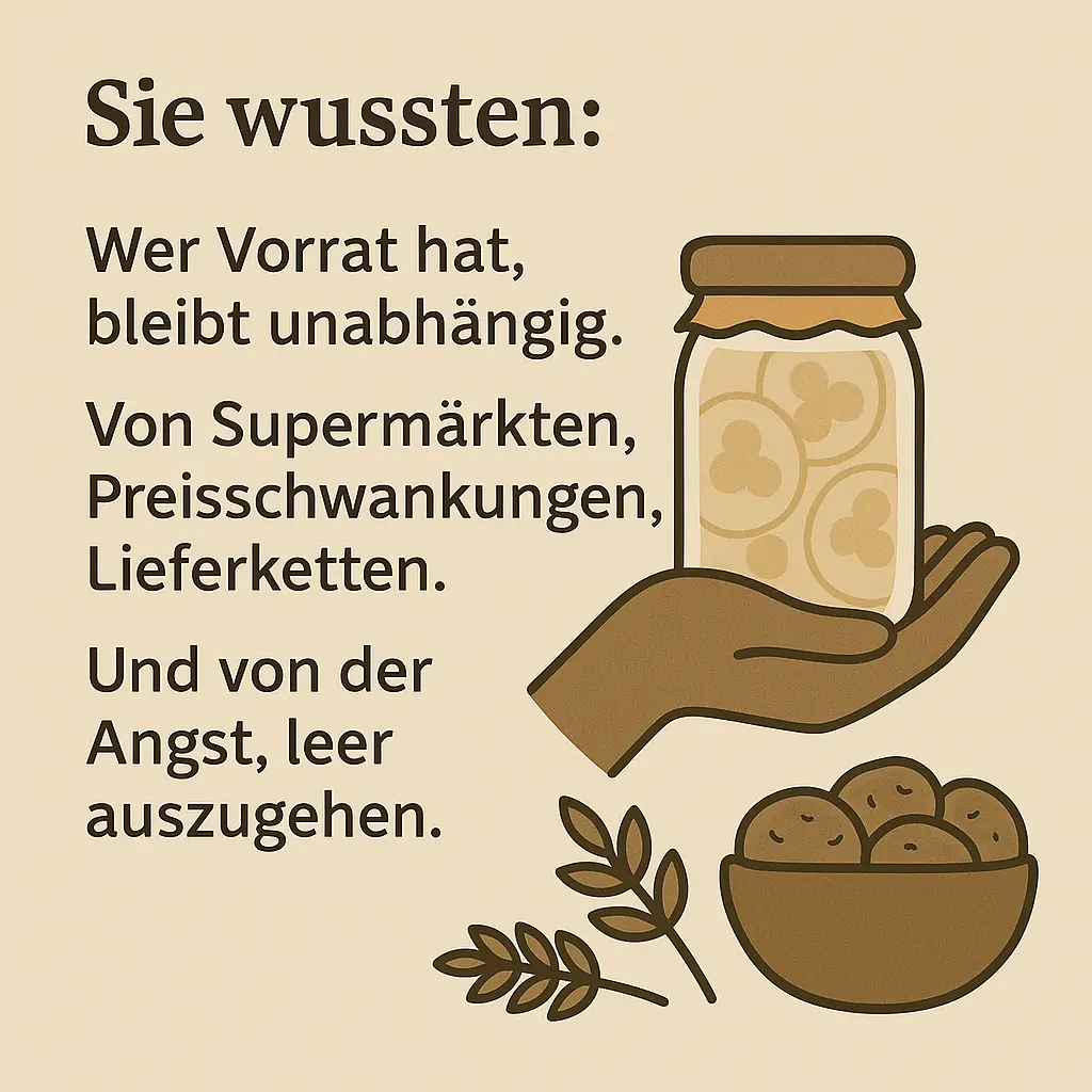 Hand hält ein Einmachglas mit Lebensmitteln – Symbol für Unabhängigkeit und Selbstbestimmung.