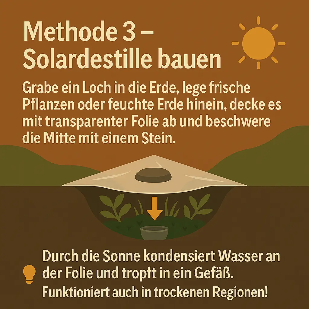Solardestille im Querschnitt – Kondenswasserbildung durch Sonnenwärme.