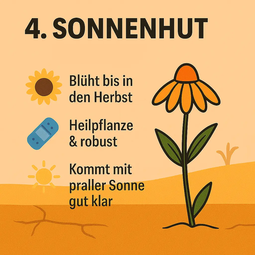 Illustration eines orangefarbenen Sonnenhuts auf trockenem Boden mit Sonne.