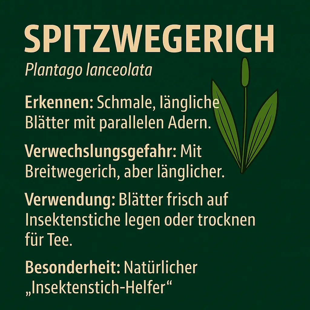 Spitzwegerich mit schmalen Blättern und Blütenähre – vielseitig nutzbares Wildkraut.