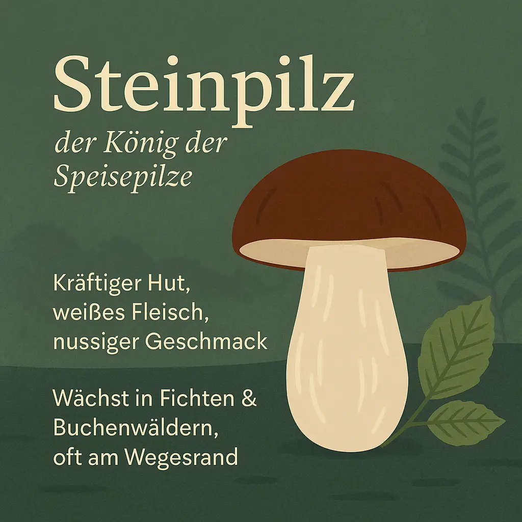 Steinpilz mit braunem Hut und weißem Stiel im Wald.