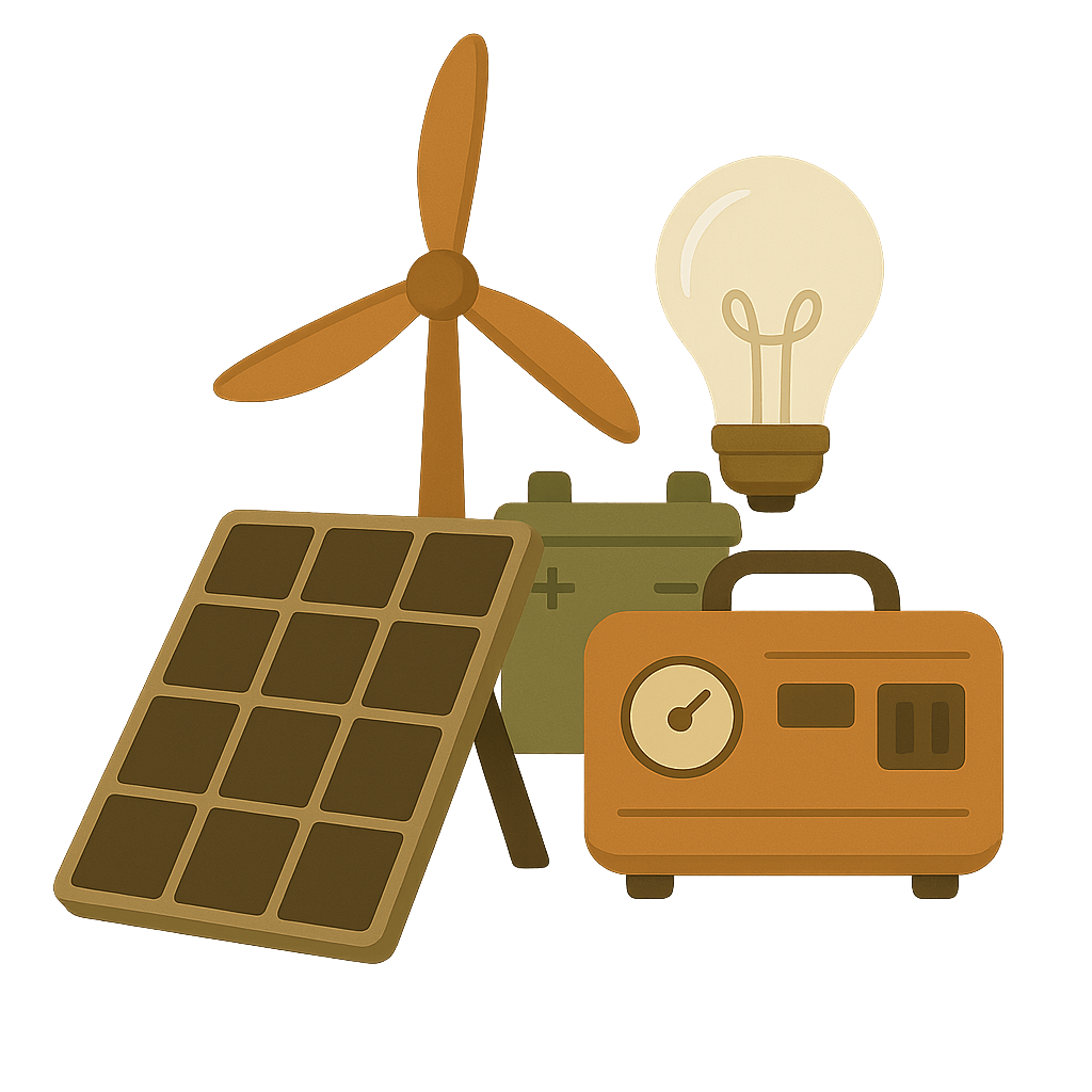 Solarpanel, Windrad und Lampe – Symbol für Energieautarkie und Unabhängigkeit.