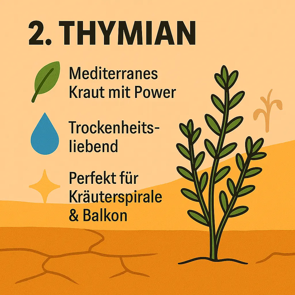 Illustration einer Thymianpflanze mit Symbolen für Sonne und Wassertropfen.