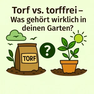 Sack mit Torf und Blumentopf mit torffreier Erde als Vergleich.
