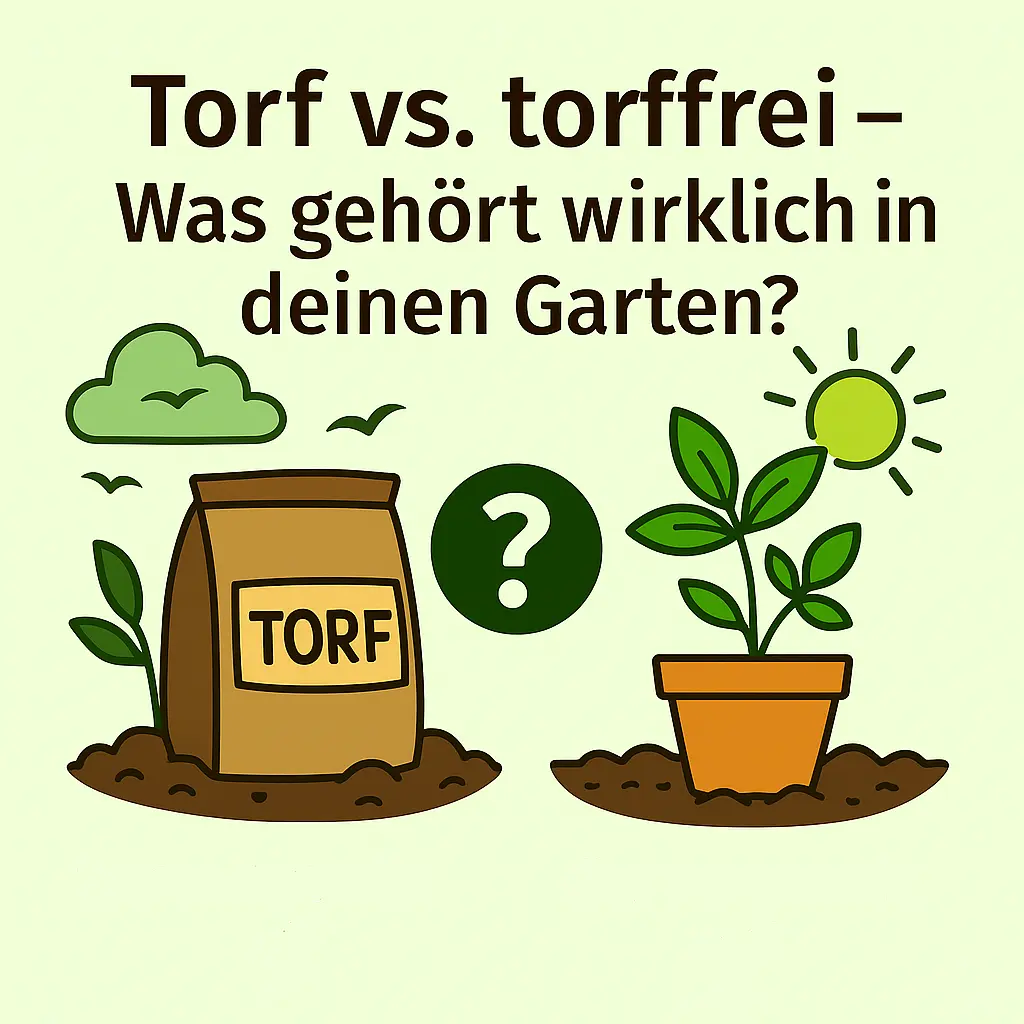 Sack mit Torf und Blumentopf mit torffreier Erde als Vergleich.