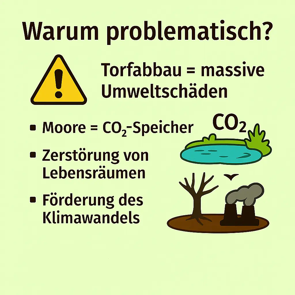 Illustration von Moor, CO₂-Emission und zerstörter Natur durch Torfabbau.