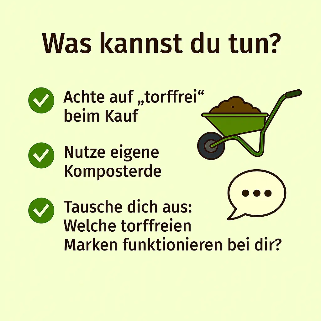 Schubkarre mit Kompost und Checkliste für torffreies Gärtnern.