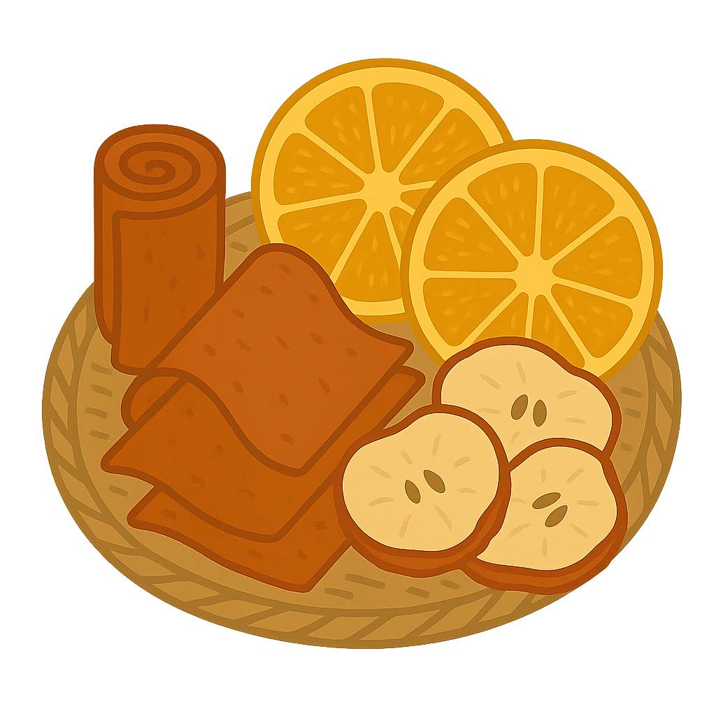 Getrocknete Apfel- und Orangenscheiben sowie Fruchtleder auf einem Holzteller – Symbol für Trocknen und Haltbarmachen von Lebensmitteln.