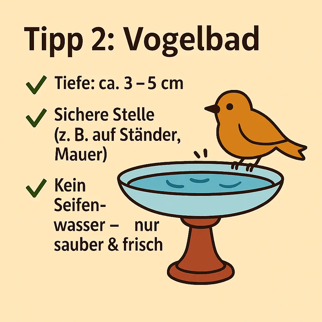 Vogel sitzt auf einer flachen Wasserschale auf einem Ständer.