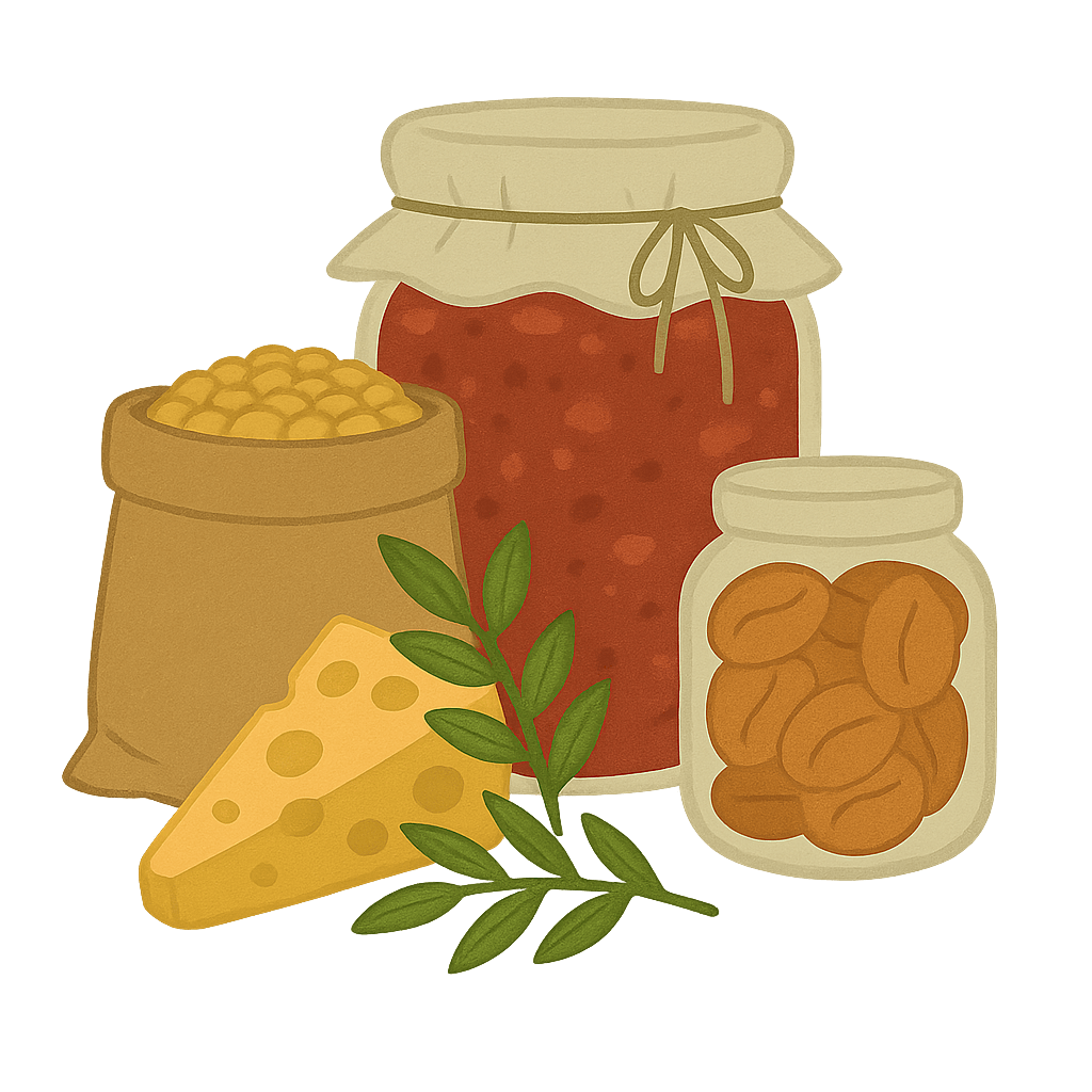 Vorratsgläser, Käse und Getreide – Symbol für Lebensmittelvorrat und Krisenvorsorge.