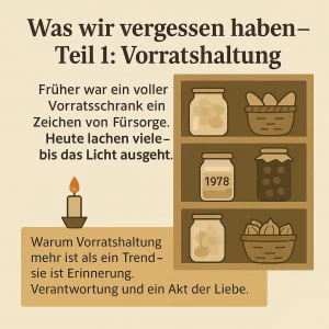 Illustration eines Vorratsschranks mit Einmachgläsern und einer Kerze – Symbol für traditionelle Vorratshaltung.