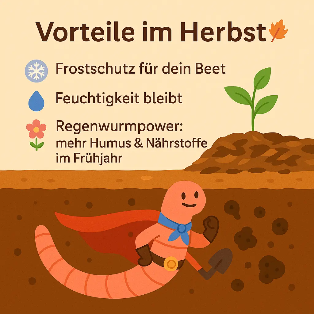 Superheld-Regenwurm im Boden unter Mulchschicht.