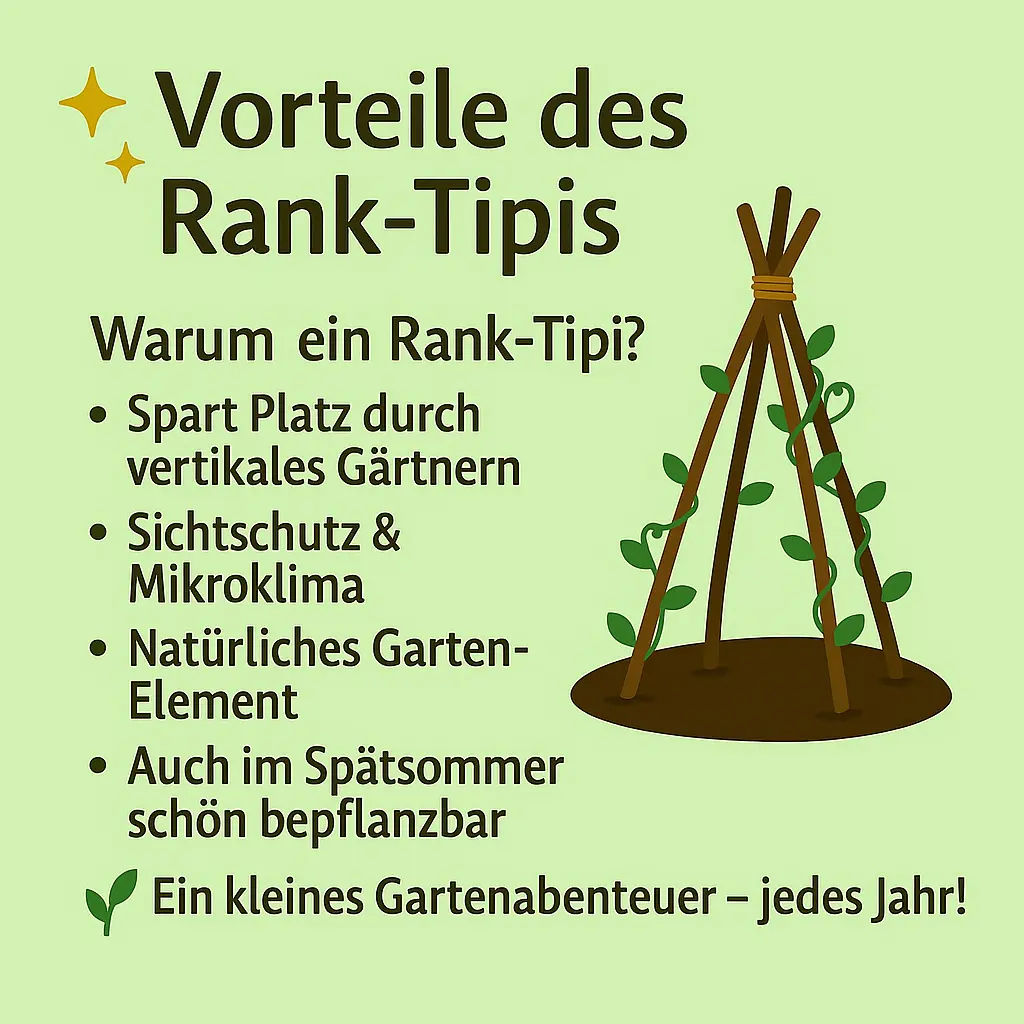 Rank-Tipi aus Holzstäben mit Kletterpflanzen – grafische Darstellung der Vorteile.