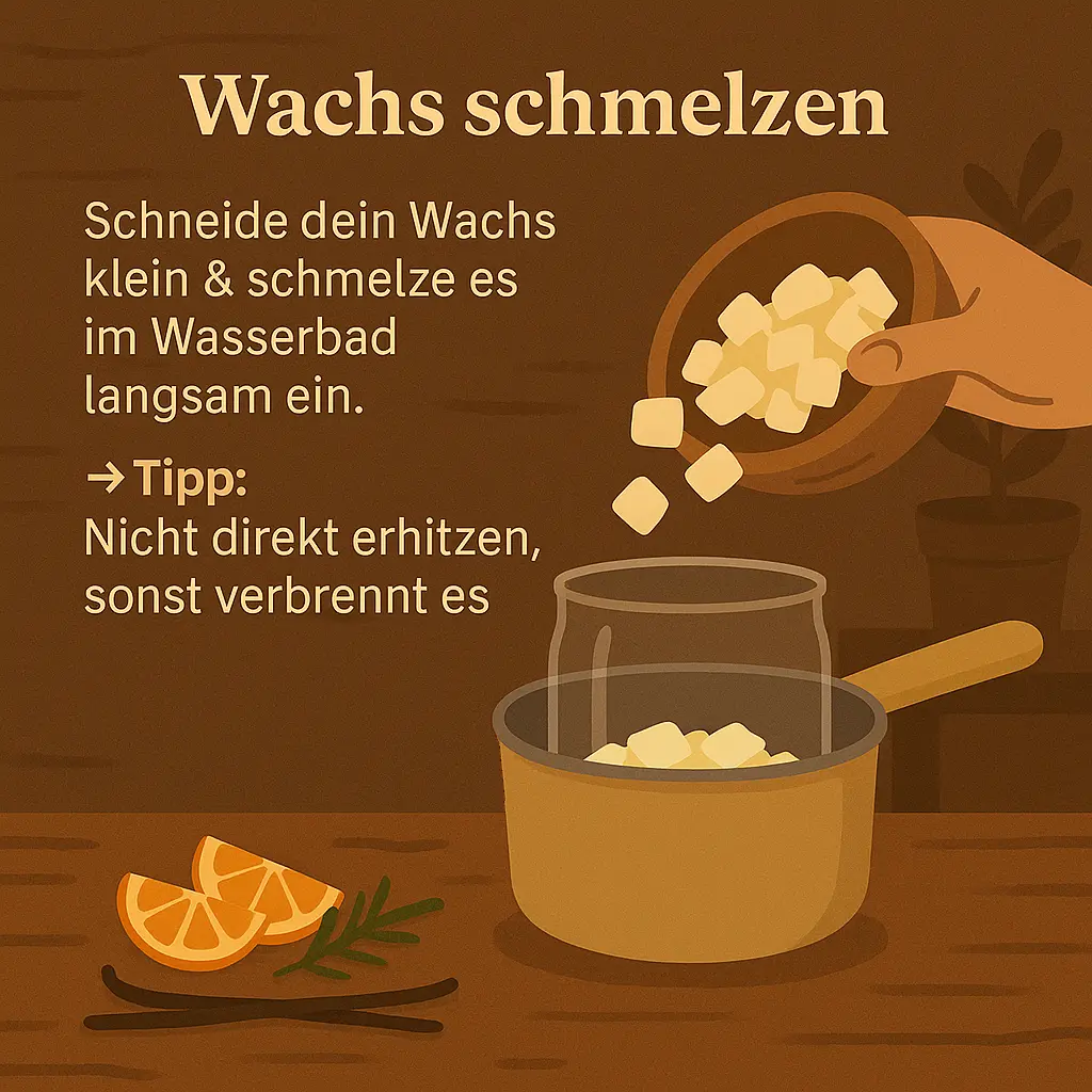 Hand schmilzt Wachsstücke im Wasserbad für Kerzenherstellung.