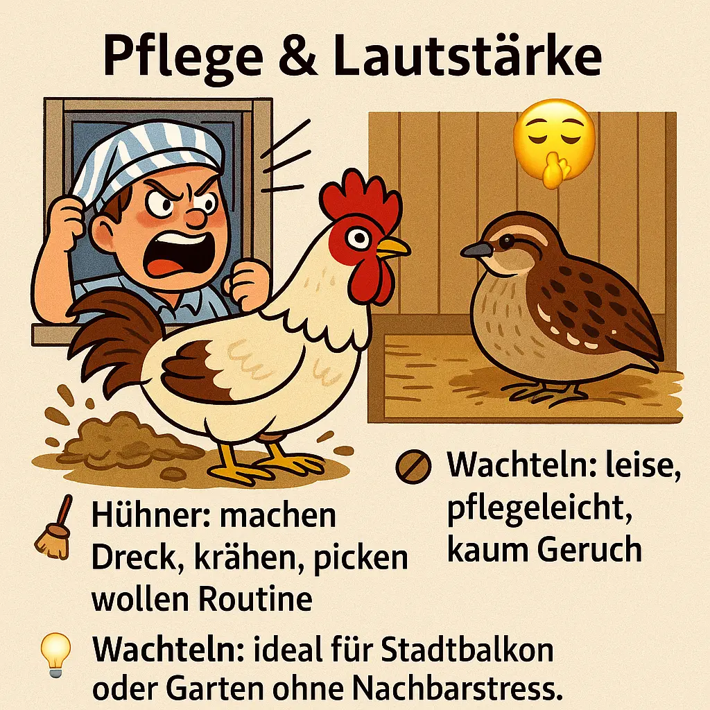 Huhn kräht laut vor Fenster, Wachtel sitzt ruhig im Stall.