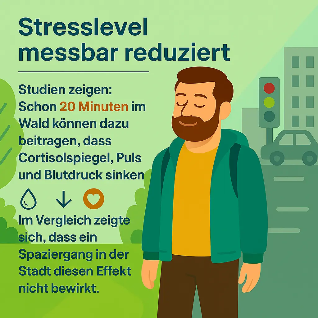 Mann mit Rucksack atmet entspannt im Park oder Wald, Hintergrund mit Stadt im Vergleich.