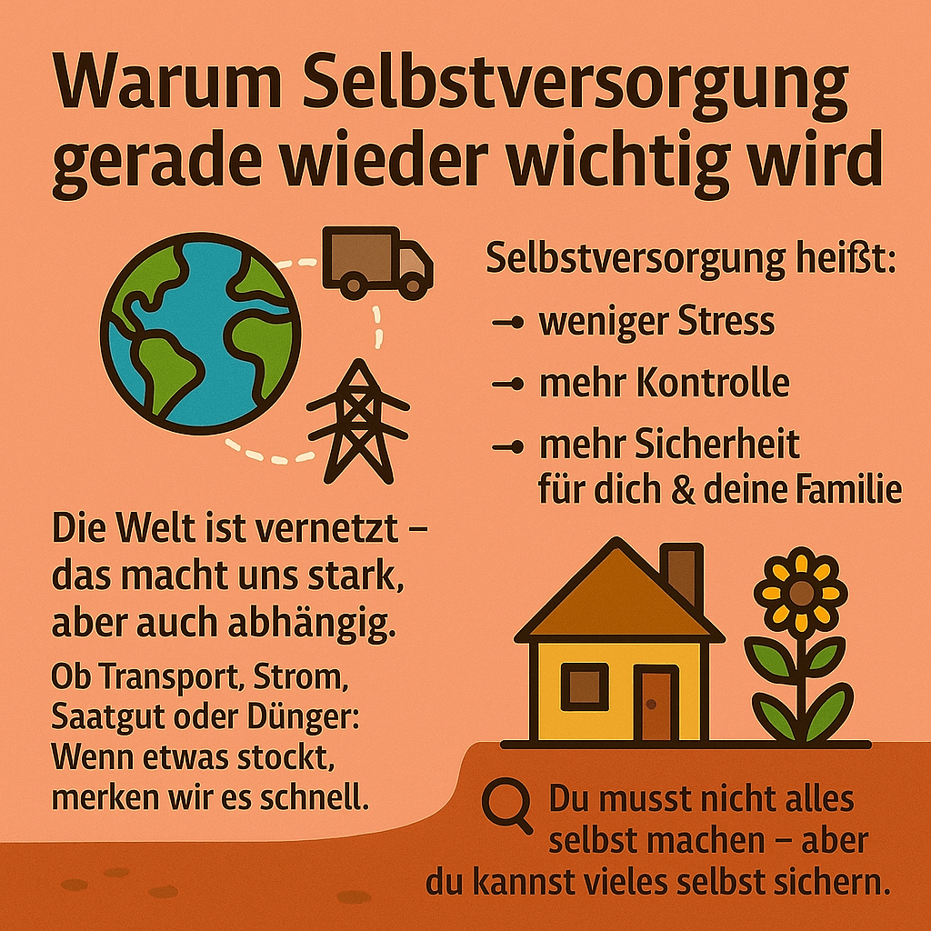 Illustration über die Bedeutung der Selbstversorgung – Haus, Blume, Transport und Energieversorgung
