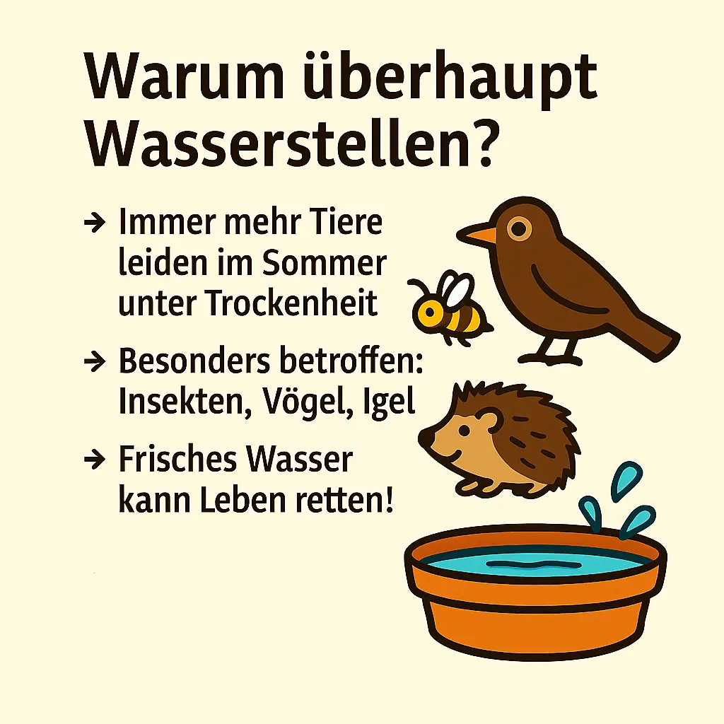 Biene, Vogel und Igel trinken aus einer Wasserschale.