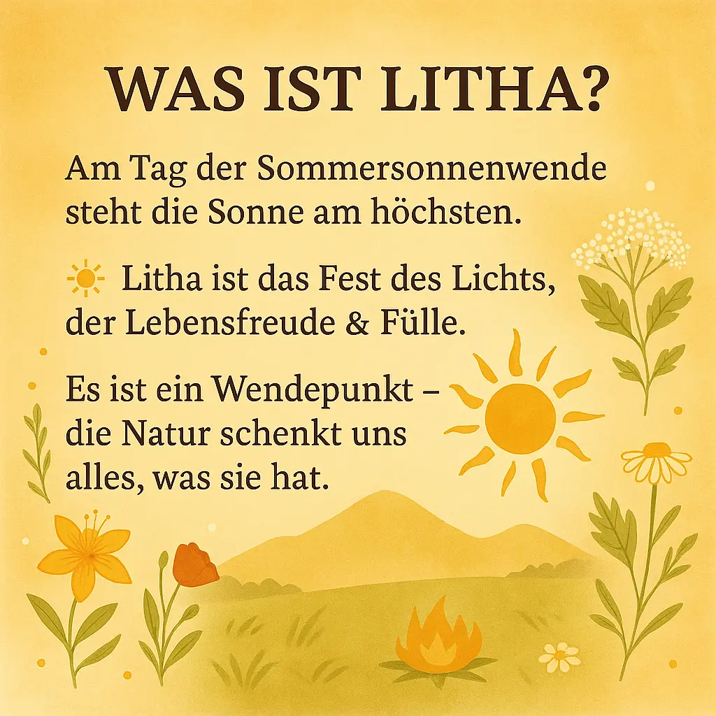 Sonne über goldenen Hügeln mit Blumen und Kräutern – Symbol für die Fülle und den Wendepunkt des Jahres.