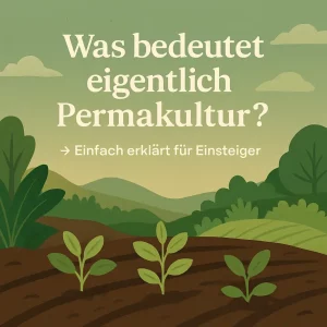 Illustration einer bepflanzten Erde mit Keimlingen, Bäumen und Hügeln im Hintergrund.