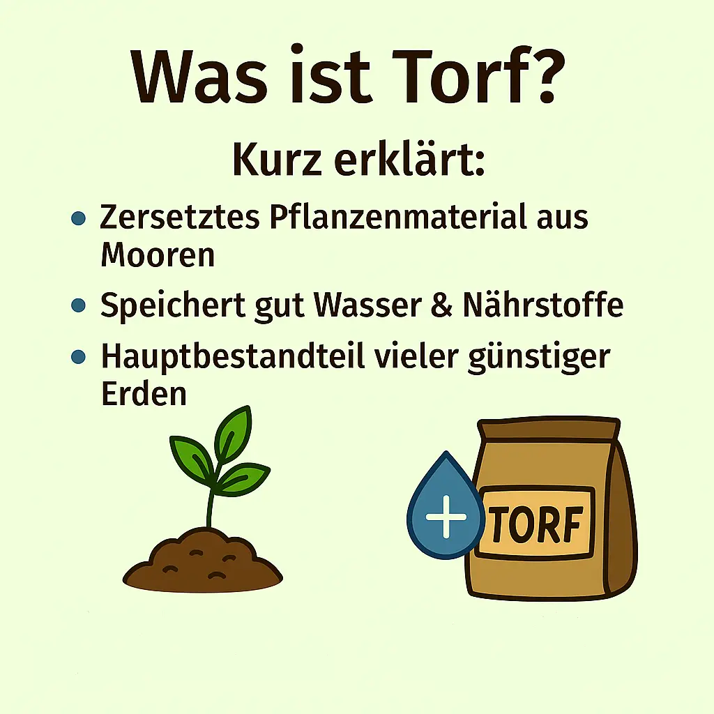 Pflanze und Torfsack mit Wassertropfen als Symbol für Nährstoffspeicherung.