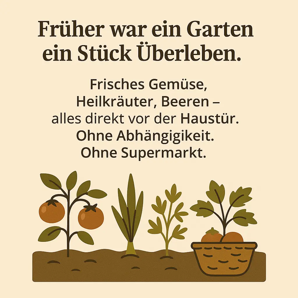 Garten mit Tomatenpflanze, Gießkanne und Gemüsekorb – Symbol für Selbstversorgung.