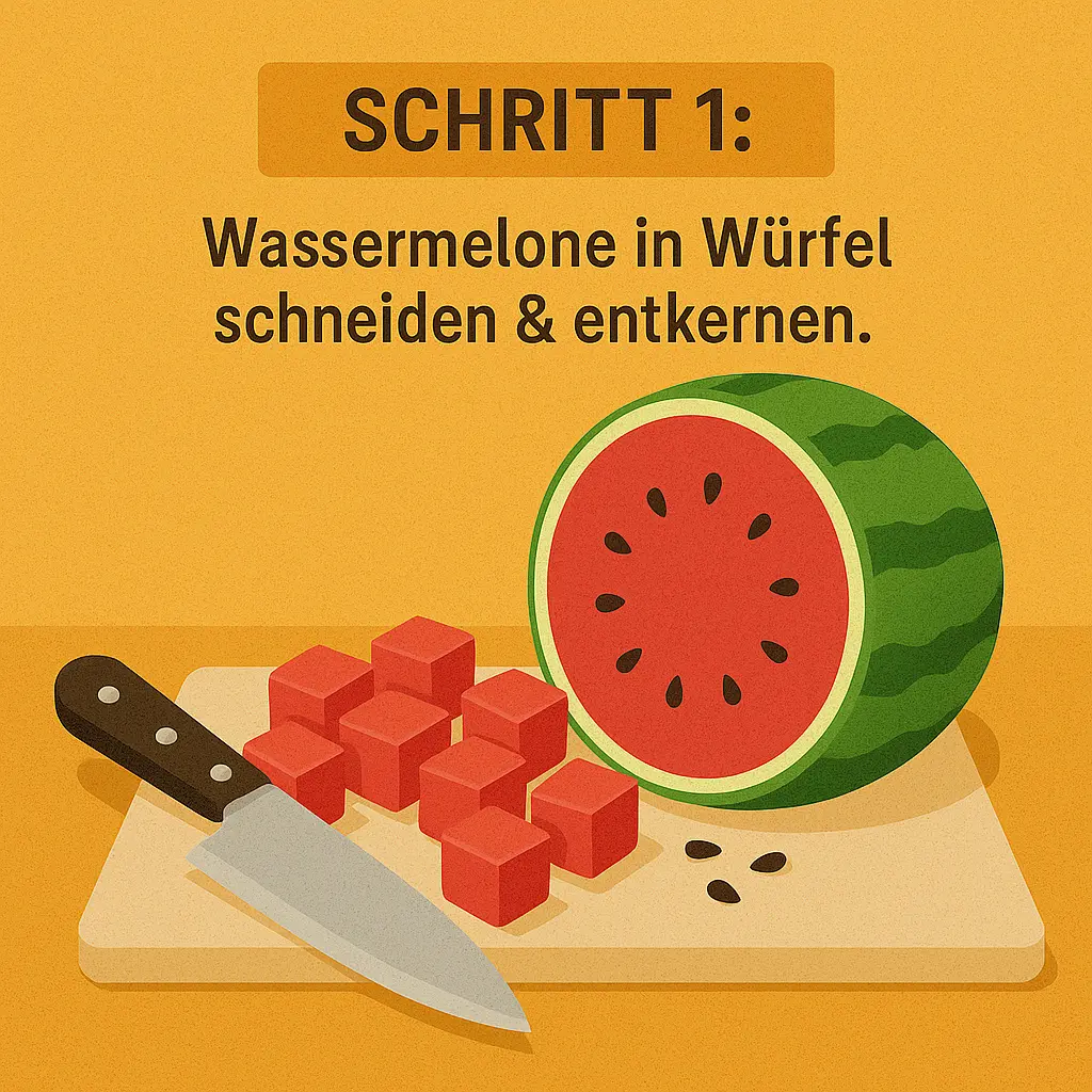 Wassermelone in Würfel geschnitten auf Holzbrett mit Messer.