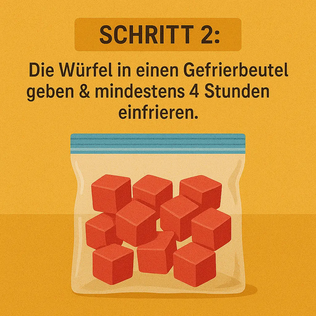 Gefrierbeutel mit eingefrorenen Wassermelonenwürfeln – perfekte Basis für Slush oder Smoothie.