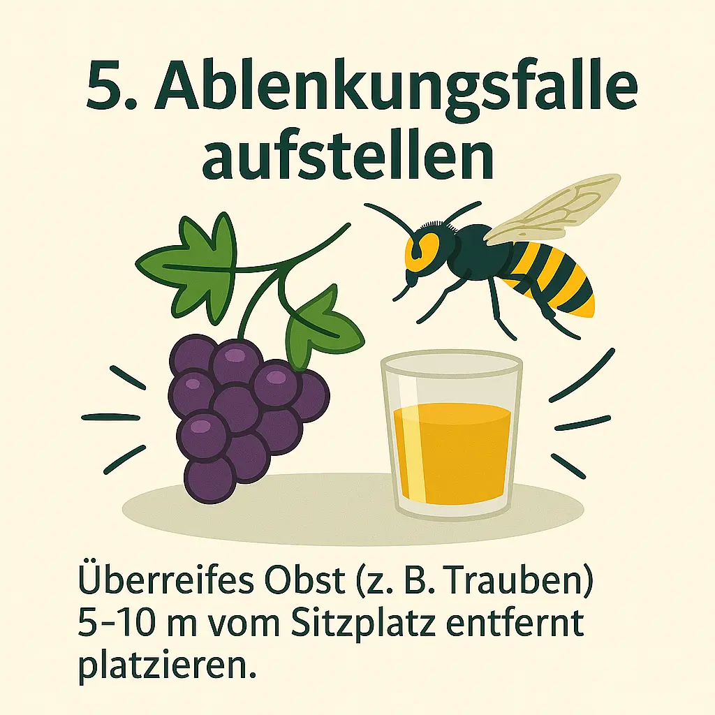 Wespe fliegt zu Trauben und einem Glas Saft.
