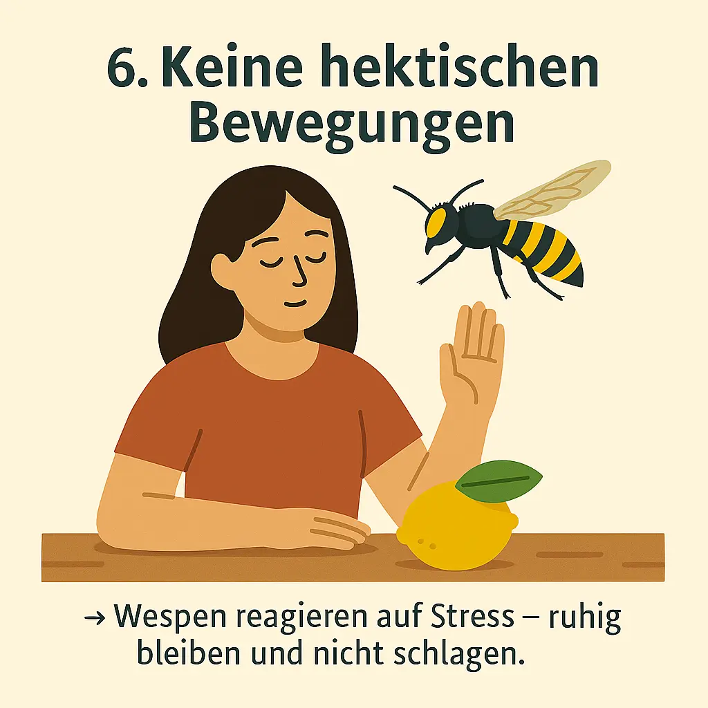 Frau sitzt ruhig, während eine Wespe vorbeifliegt.