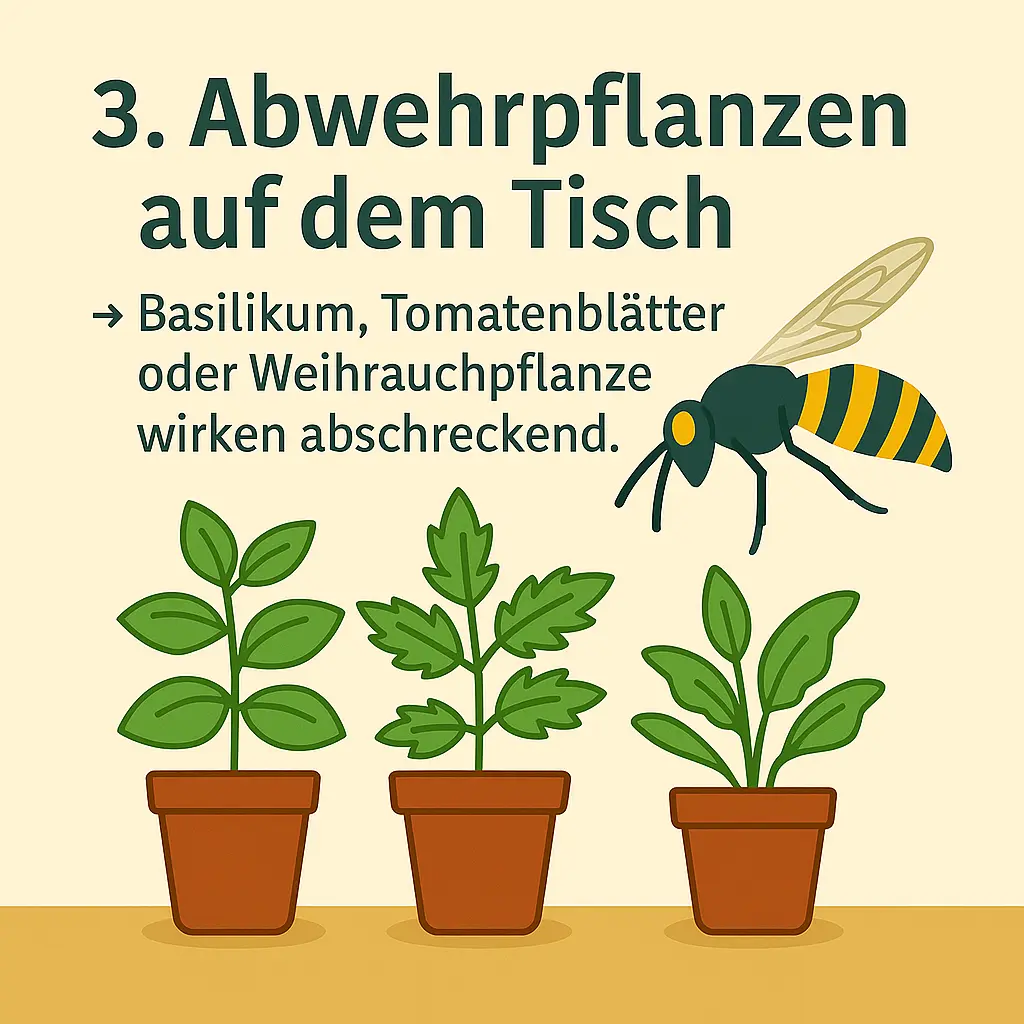 Drei Töpfe mit Basilikum, Tomatenblättern und Weihrauchpflanze.