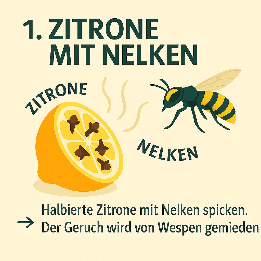 Illustration einer Zitrone mit Nelken und einer Wespe.