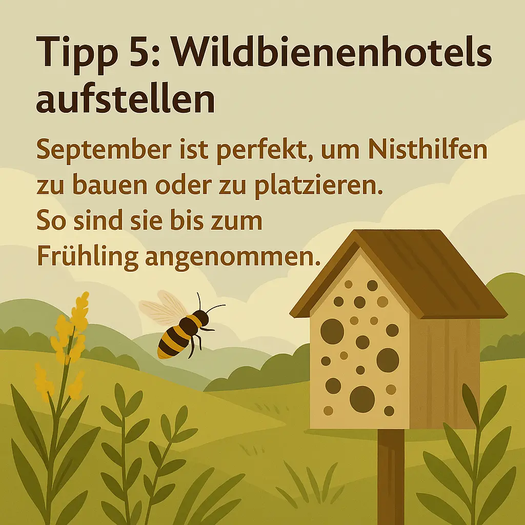 Biene fliegt zu einem Insektenhotel aus Holz mit gebohrten Nistlöchern.