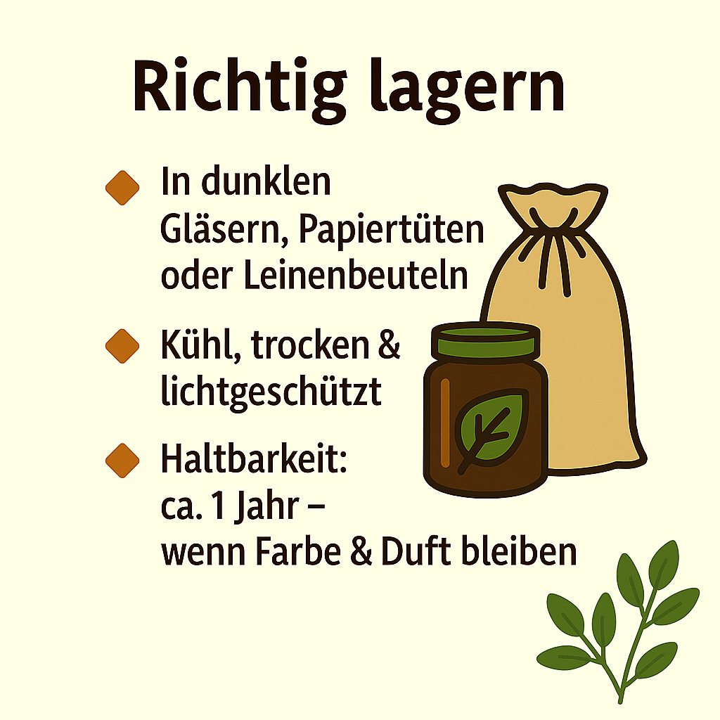 Getrocknete Wildkräuter richtig lagern – in dunklen Gläsern, Papier- oder Leinenbeuteln, kühl und lichtgeschützt
