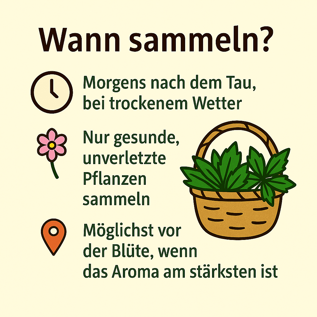 Wildkräuter sammeln – Tipps zum richtigen Zeitpunkt: morgens nach dem Tau, bei trockenem Wetter, vor der Blüte