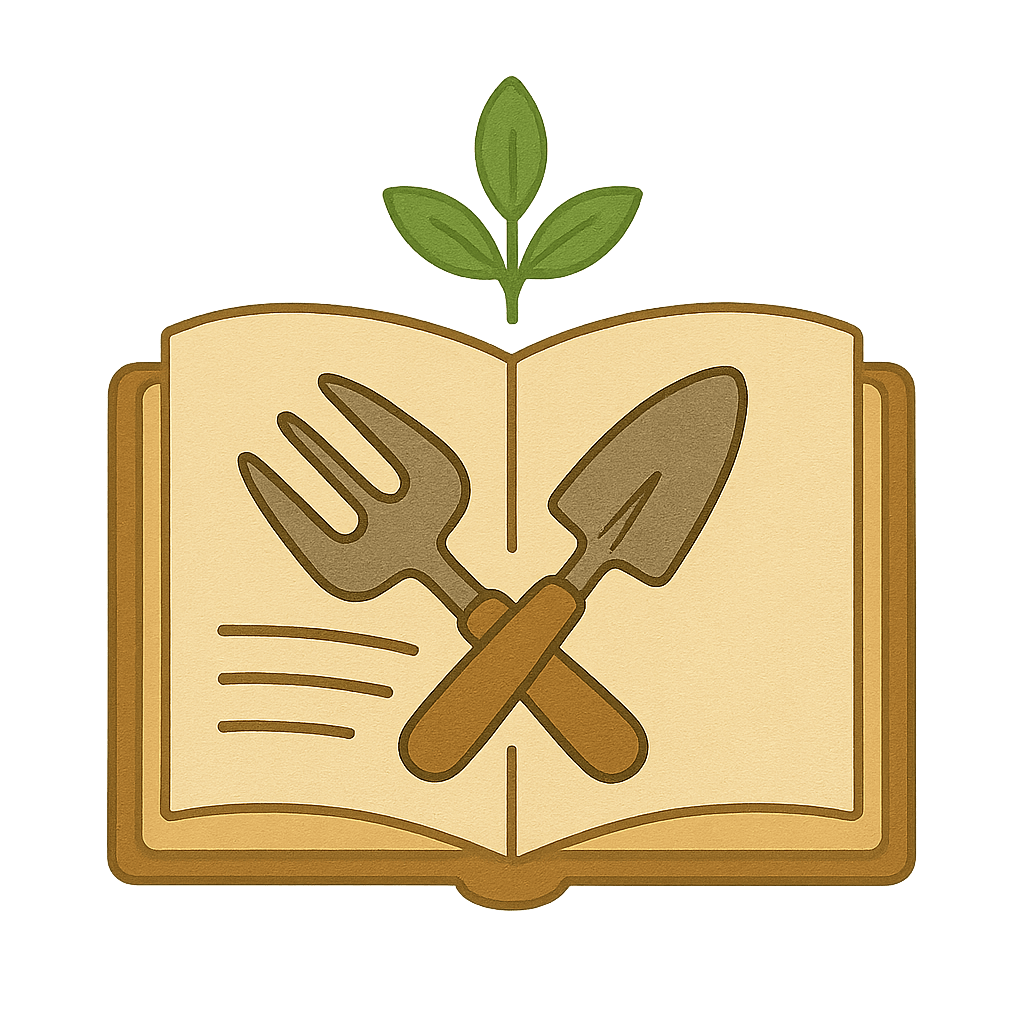 Offenes Buch mit Gartenwerkzeug – Symbol für Wissen rund um Selbstversorgung.