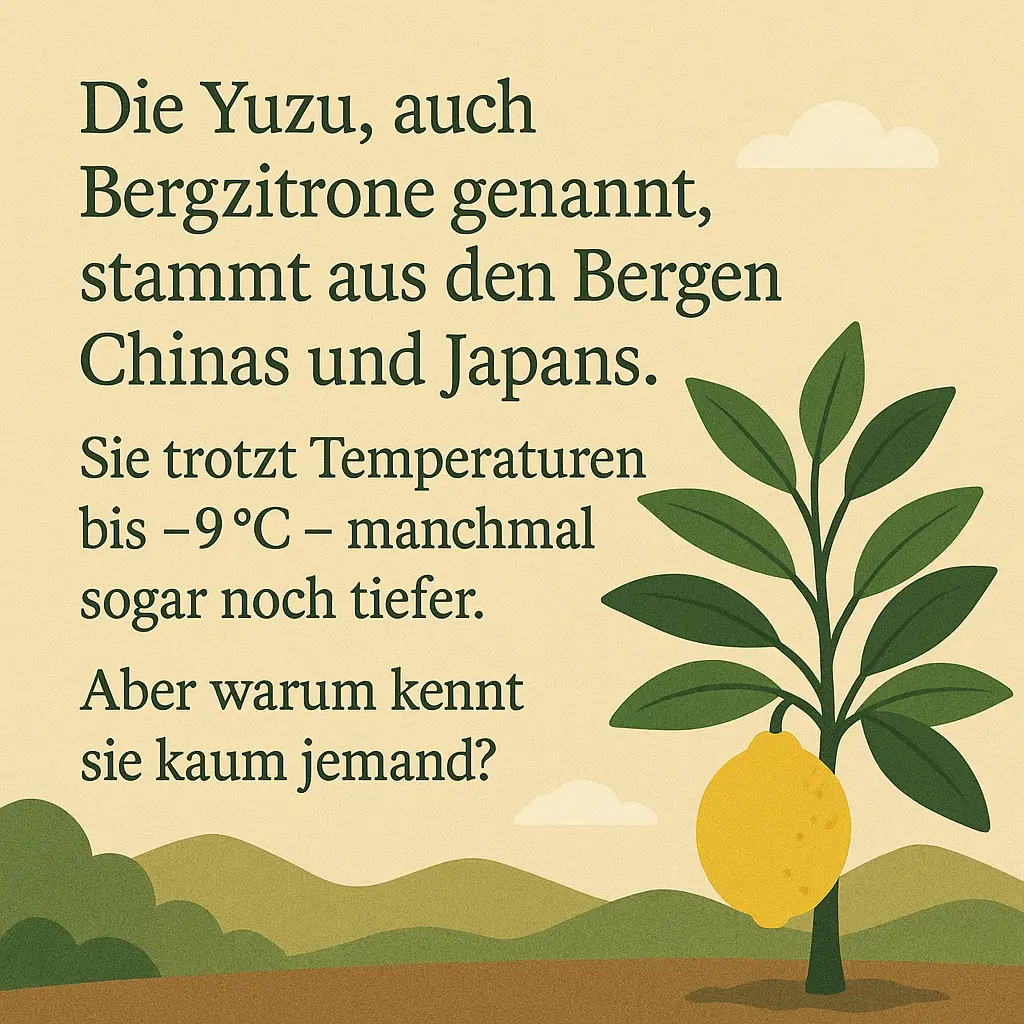 Yuzu-Baum mit Früchten in hügeliger Landschaft.