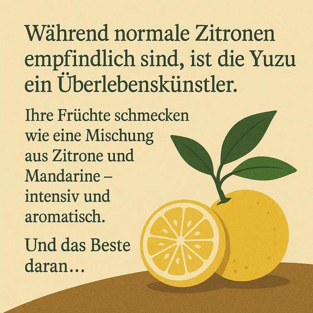 Aufgeschnittene Yuzu-Frucht mit Blättern auf Erdboden.