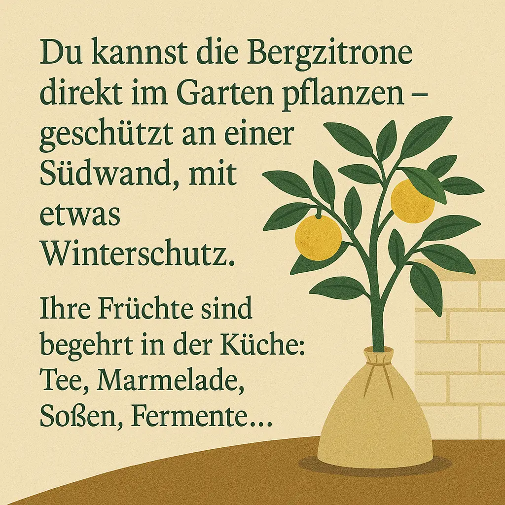 Yuzu-Baum an Hauswand mit Früchten, Winterschutz um Stamm.